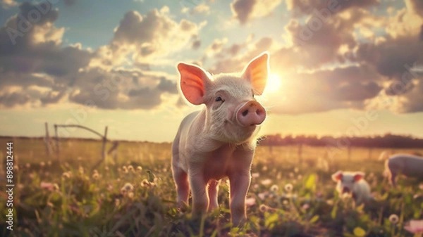 Obraz A cute baby pig standing in in pasture during the day with a beautiful skyscape; a spring background with copy space and sun rays 