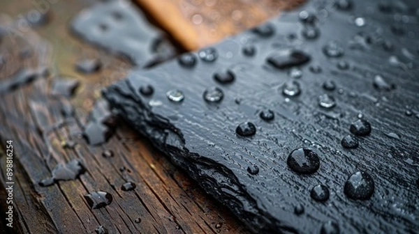 Fototapeta Damp slate board with water droplets on rustic wooden surface