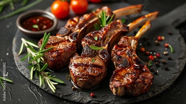 Fototapeta Barbecued lamb chops with herbs and cherry tomatoes on slate platter