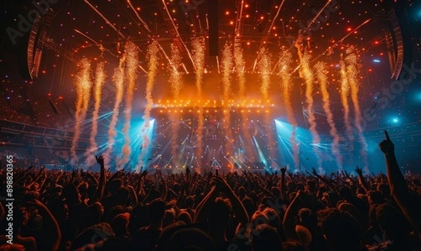 Obraz a huge crowd of people dancing on stage at a music concert with epic lights and fireworks on the arena stadium. alien galaxy performance. desktop wallpaper background, 16:9, 4k. Generative AI