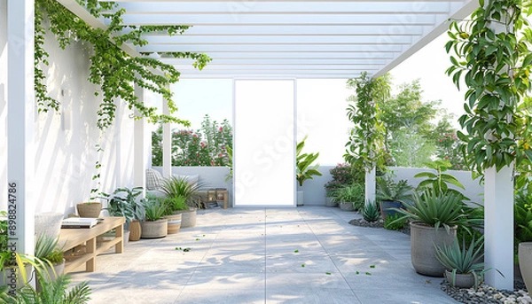 Fototapeta Bright Scandinavian backyard white pergola with empty frame