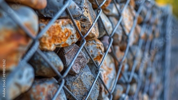 Fototapeta Close-up view of gabion stone-filled metal mesh fence in natural setting