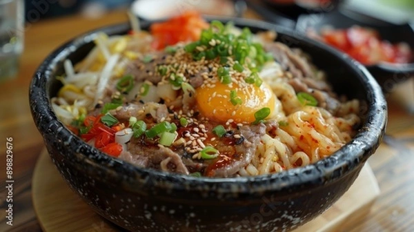 Fototapeta Delicious morioka iwate reimen served in a stone bowl with fresh toppings