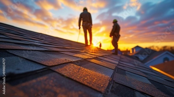 Fototapeta Two roofers diligently working on a rooftop as the sun rises, reflecting hard work and dedication in construction.