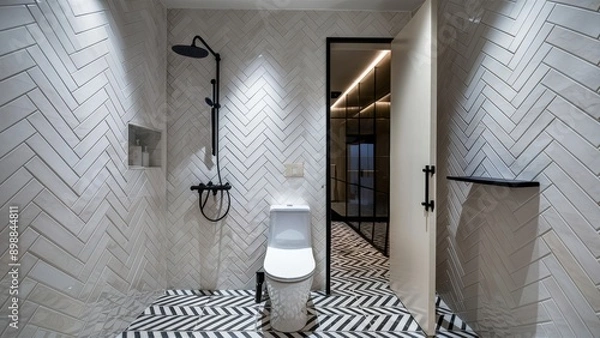 Fototapeta A bathroom with a toilet and shower in it, AI