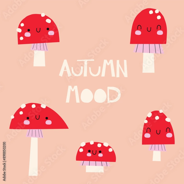 Fototapeta Cute mushroom characters. Childish print for stickers, party invitation and background