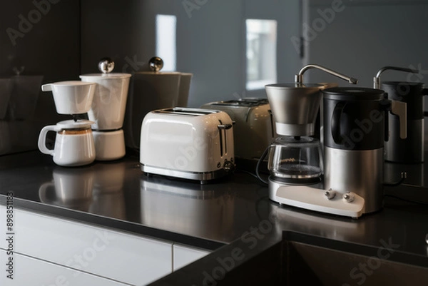 Fototapeta A kitchen counter with a toaster, coffee maker and blender, AI