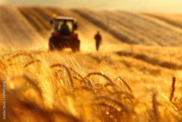 Fototapeta People on the combiners work in field harvesting wheat blur grain harvest People scene at sunset