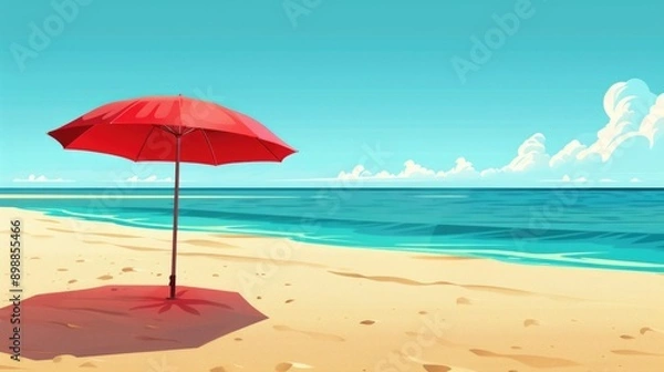 Fototapeta A red umbrella is on a beach with the ocean in the background. Scene is relaxed and peaceful