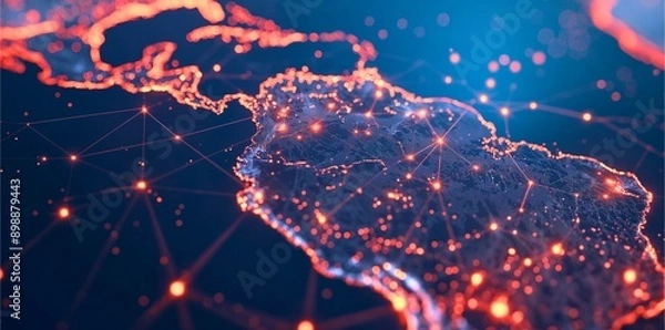 Fototapeta "Illuminated map of Latin America and the Caribbean with glowing city lights and interconnected networks, showcasing the region's digital connectivity and vibrant infrastructure at night."

