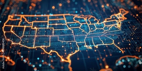 Fototapeta "Digital representation of the United States map with glowing lines and data points, illustrating connectivity, technology, and communication networks across the country."

