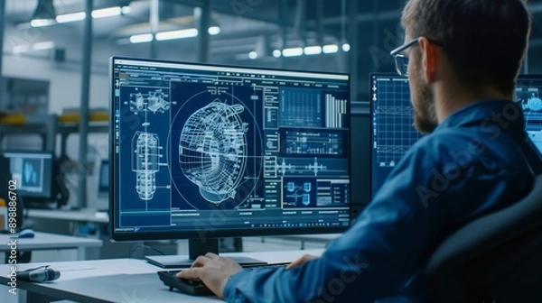 Fototapeta Over the shoulder shot of engineer working with cad software on desktop computer screen shows technical details and drawings. in the background engineering facility specialising on industrial design.