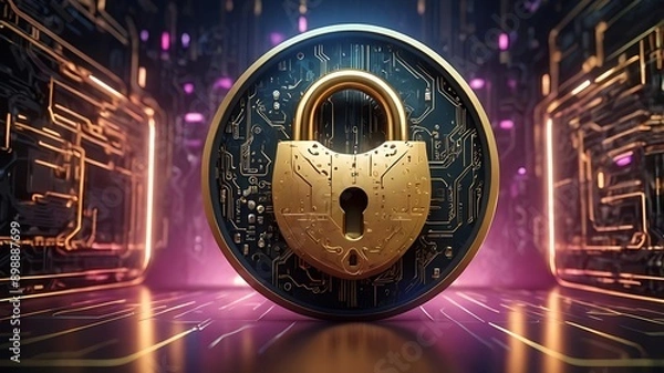 Fototapeta Neon padlock on circuit board; cyber security concept. Suitable for technology websites, data protection blogs, cybersecurity presentations, and digital security themes.