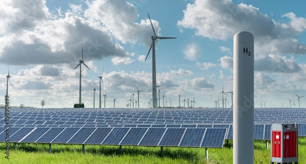 Fototapeta Green hydrogen in storage and in cylinder bundles produced using renewable energies
