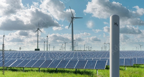 Fototapeta Green hydrogen produced in storage using renewable energies