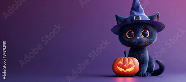 Fototapeta 3d render of cute cartoon halloween black cat with jack-o'-lantern and witch hat isolated on purple background banner mockup, copy space.