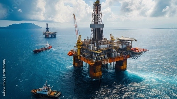 Fototapeta Aerial view of offshore oil rigs amidst calm waters, showcasing maritime operations and the beauty of coastal regions. Ideal for environmental and industry themes.