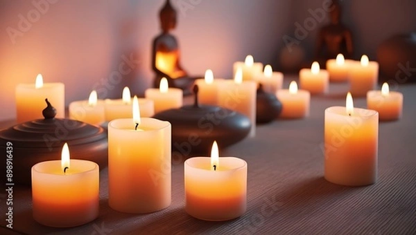 Fototapeta Meditative Space Adorned with Soft Candlelight for a Calming and Tranquil Atmosphere

