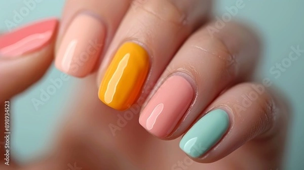 Obraz A close-up of fingers with colorful nail polish perfectly painted in vibrant tones. Brightly colored nails contrast with the skin.