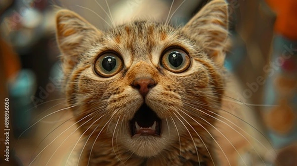 Fototapeta Portrait of a surprised tabby cat opening its mouth wide and staring with big eyes