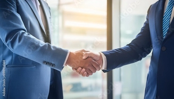 Fototapeta Two businessman in business suits shaking each other's hands; two professionals greeting each other with a handshake; office or conference meeting room