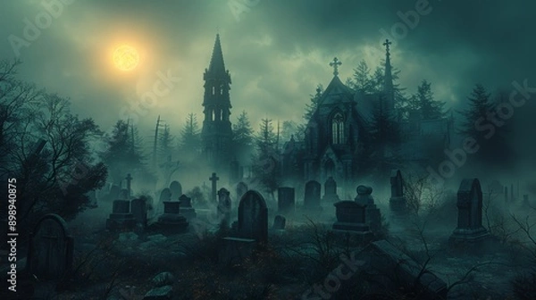 Obraz Eerie full moon is lighting an ancient gothic cemetery surrounded by a thick fog