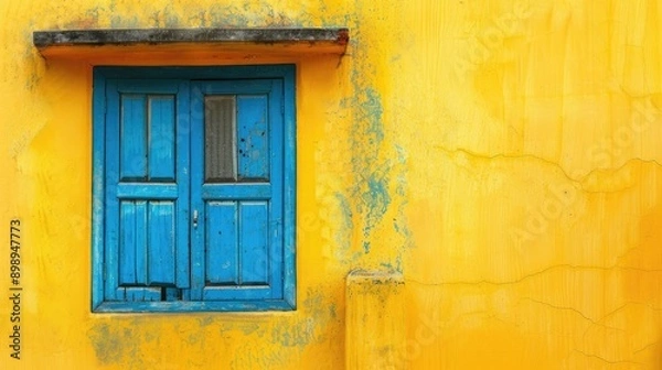 Fototapeta Antique blue window against yellow backdrop with text space