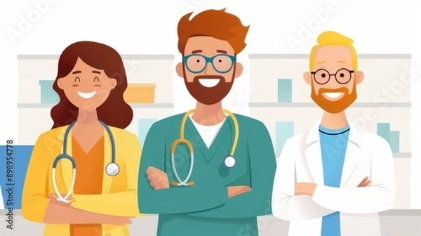 Fototapeta An illustration of three smiling healthcare workers dressed in white coats and medical attire. They are depicted with stethoscopes, symbolizing care and trust in a medical setting.