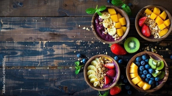 Obraz カラフルなフルーツと複数のアサイーボウルが木製テーブルの上に置かれている：コピースペース