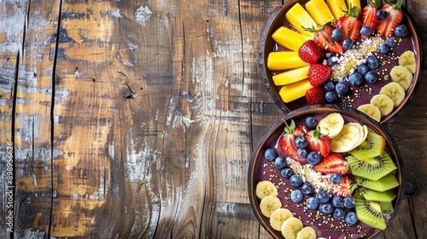 Obraz カラフルなフルーツと複数のアサイーボウルが木製テーブルの上に置かれている：コピースペース