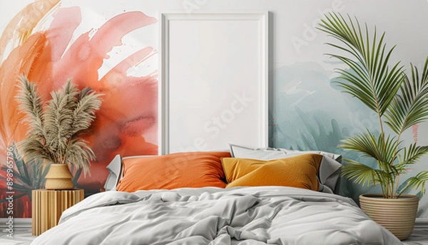 Fototapeta Contemporary hotel room with abstract decor with empty frame