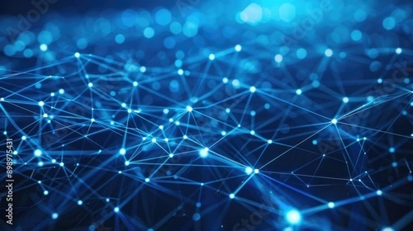 Fototapeta Futuristic blue background with bright glowing lines, representing data transmission and technology.