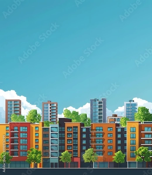 Fototapeta Modern Cityscape With Blue Sky And Green Trees