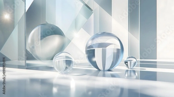 Fototapeta 1. **Create an abstract 3D geometric render featuring transparent glossy glass shapes with intricate reflections, set against a minimal background