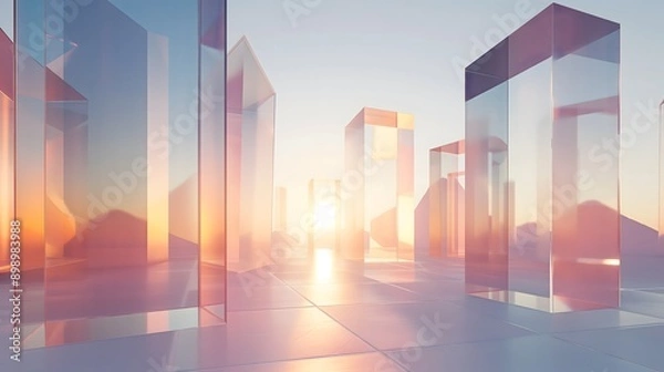 Fototapeta 3. **Design a 3D abstract scene with transparent geometric glass prisms reflecting light, set against a clean, modern background