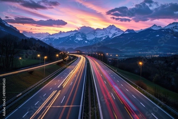 Fototapeta Highway scene with mountains in the distance