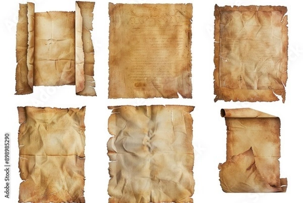 Fototapeta Set of vintage-style paper scrolls on a white background, perfect for history or educational themes