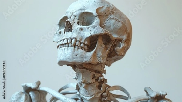 Fototapeta Human skeleton is looking up with its jaw open, set against a white background