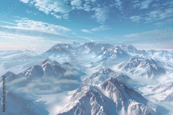 Fototapeta Aerial view of snow-capped mountains, suitable for travel, adventure or winter-themed projects