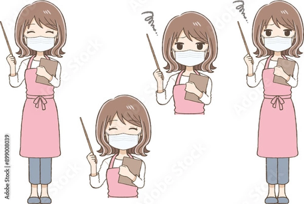 Fototapeta A Woman in an Apron and Mask Explaining with a Pointer