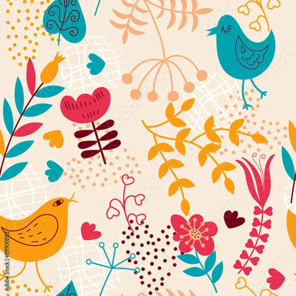 Fototapeta Seamless pattern with  birds and flowers