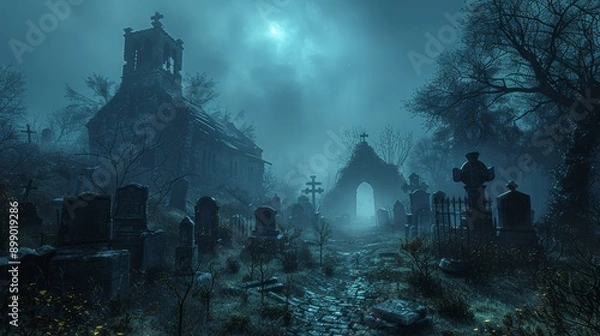 Fototapeta Spooky ancient cemetery with a church in the background is shrouded in fog on a dark night lit by a full moon