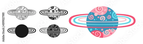 Fototapeta Fantasy Planet cartoon set for children. Fantastic cosmos sign, silhouette, icon linear design. Abstract fantastic doodle galaxy comic planet symbol. Vector celestial space sphere for website app