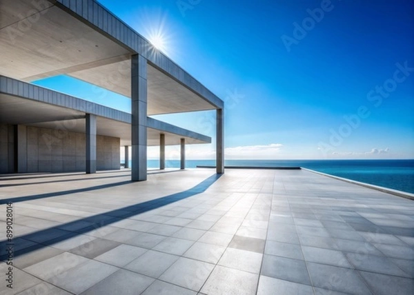 Fototapeta Sleek modern architecture meets serene natural scenery in this futuristic rendering of a deserted sea view plaza with crystal clear sky and minimalist concrete surroundings.