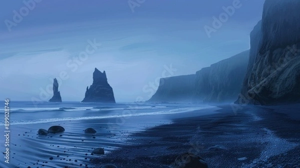 Fototapeta A beautiful beach scene with a large body of water and a rocky shoreline