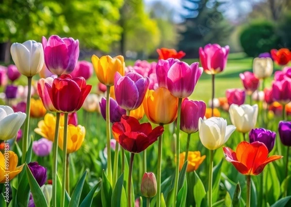 Fototapeta Vibrant tulips in full bloom, delicately swaying in the gentle spring breeze, adorn a lush green lawn, creating a stunning seasonal yard decoration.