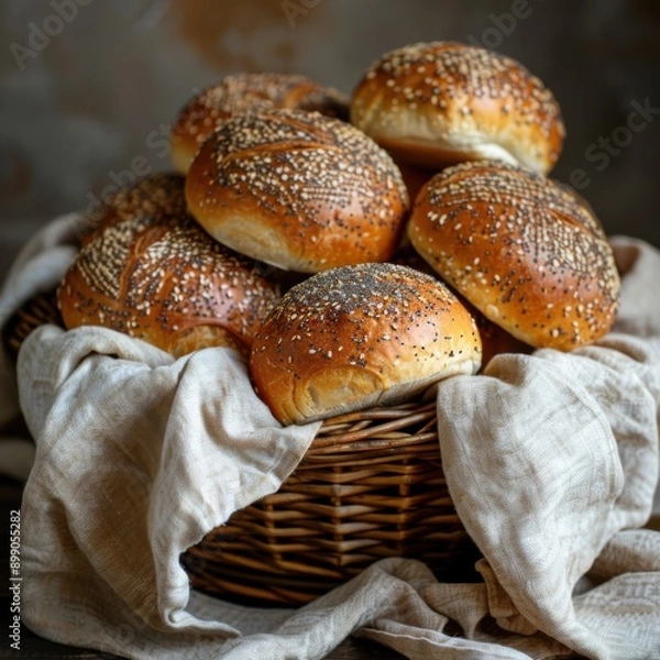 Fototapeta Freshly baked bread loaves and rolls in a wicker basket with a linen cloth