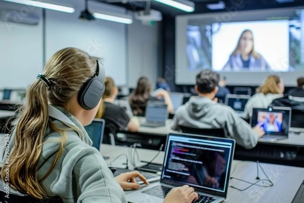 Fototapeta Young Woman Coding in a Classroom During a Lecture