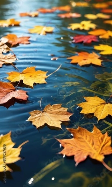 Fototapeta Autumn Leaves Floating on Water.