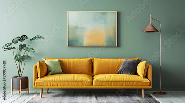Fototapeta Contemporary lounge with a mustard yellow sofa against a sage green wall, abstract artwork, and a floor lamp casting a warm glow
